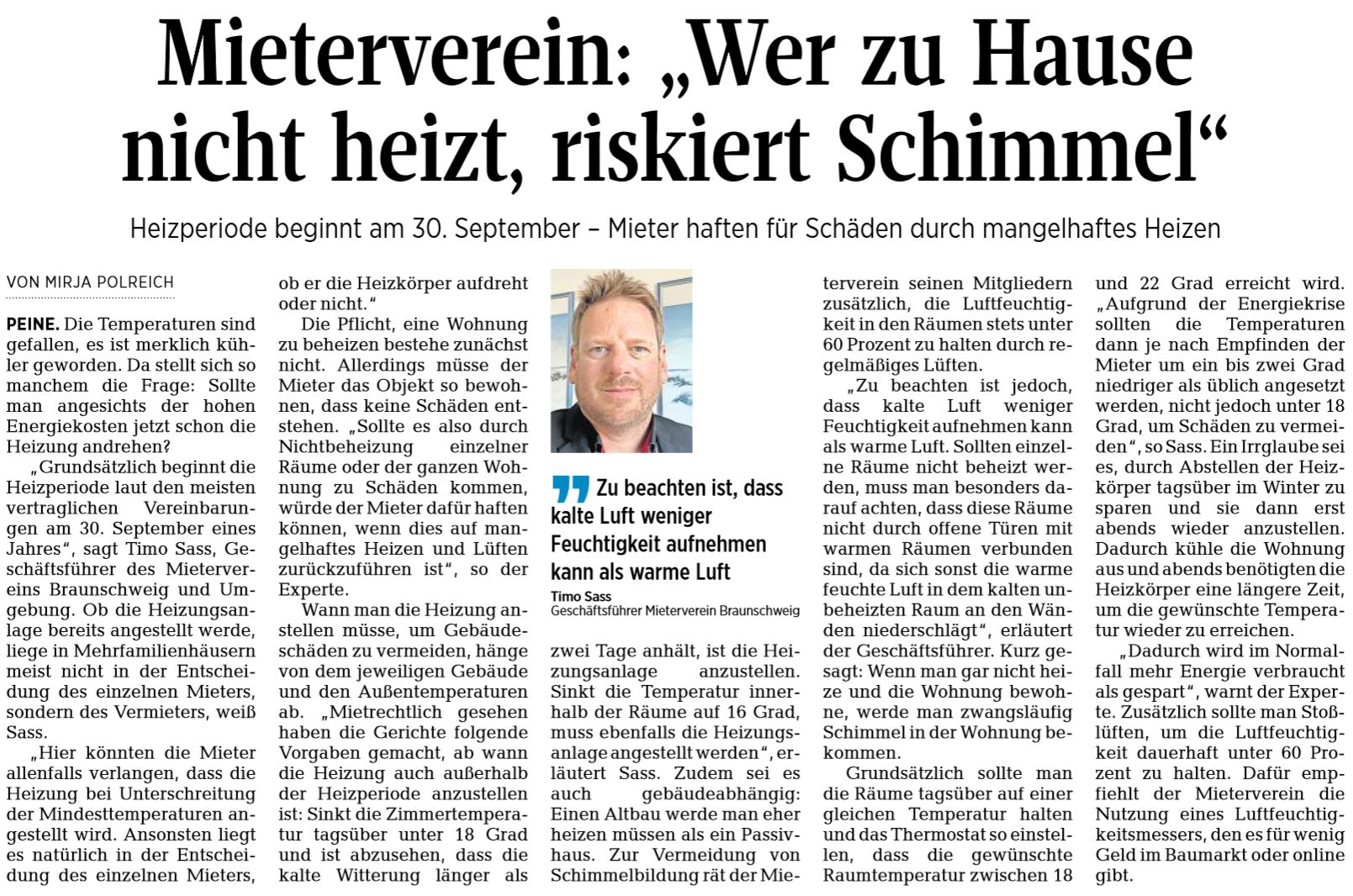 Mietverein Wer nicht heizt riskiert Schimmel Peiner Heimstätte GmbH